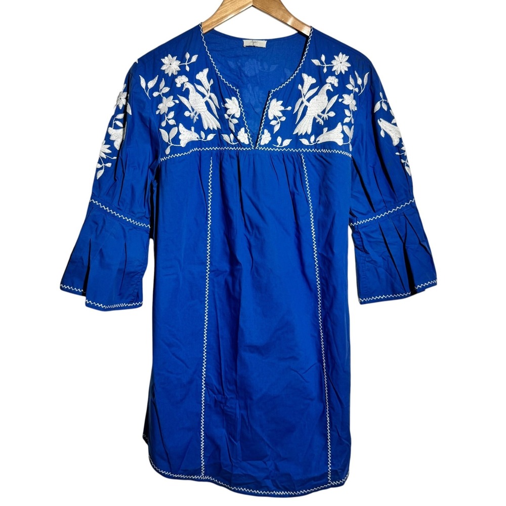 Joie Blue Embroidered Bird Floral Tunic Dress Bell Sleeve Split Neck Boho L Prep